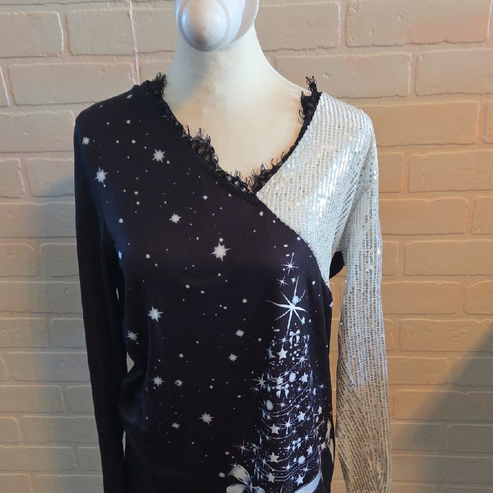 Asymmetric Star Print Top with Sequin Sleeve